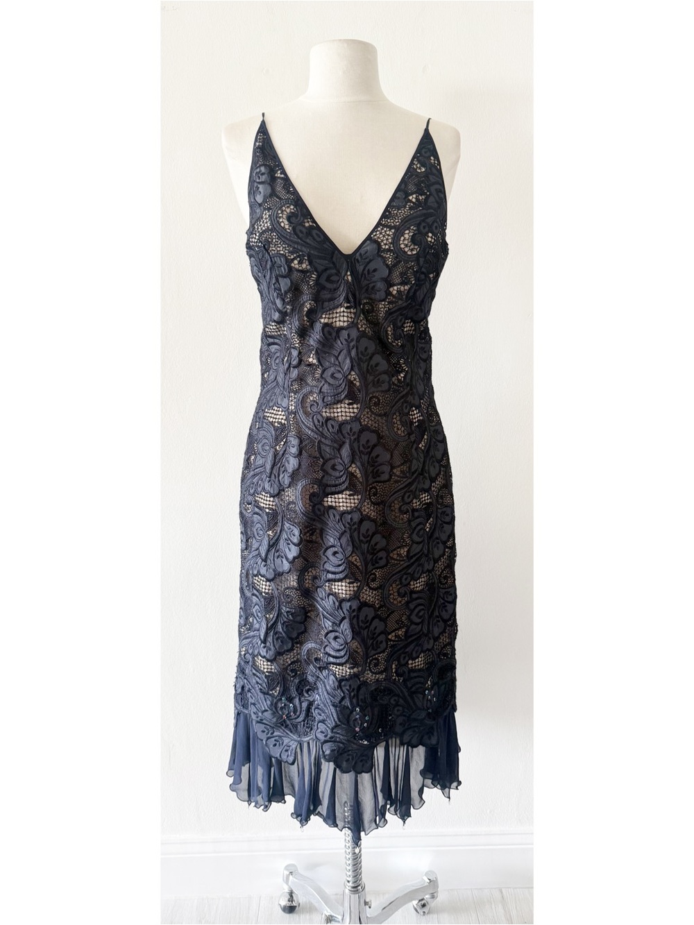 Vintage Carol Peretz Navy Blue Lace Illusion Slip Beaded Chiffon Hem Dress 8